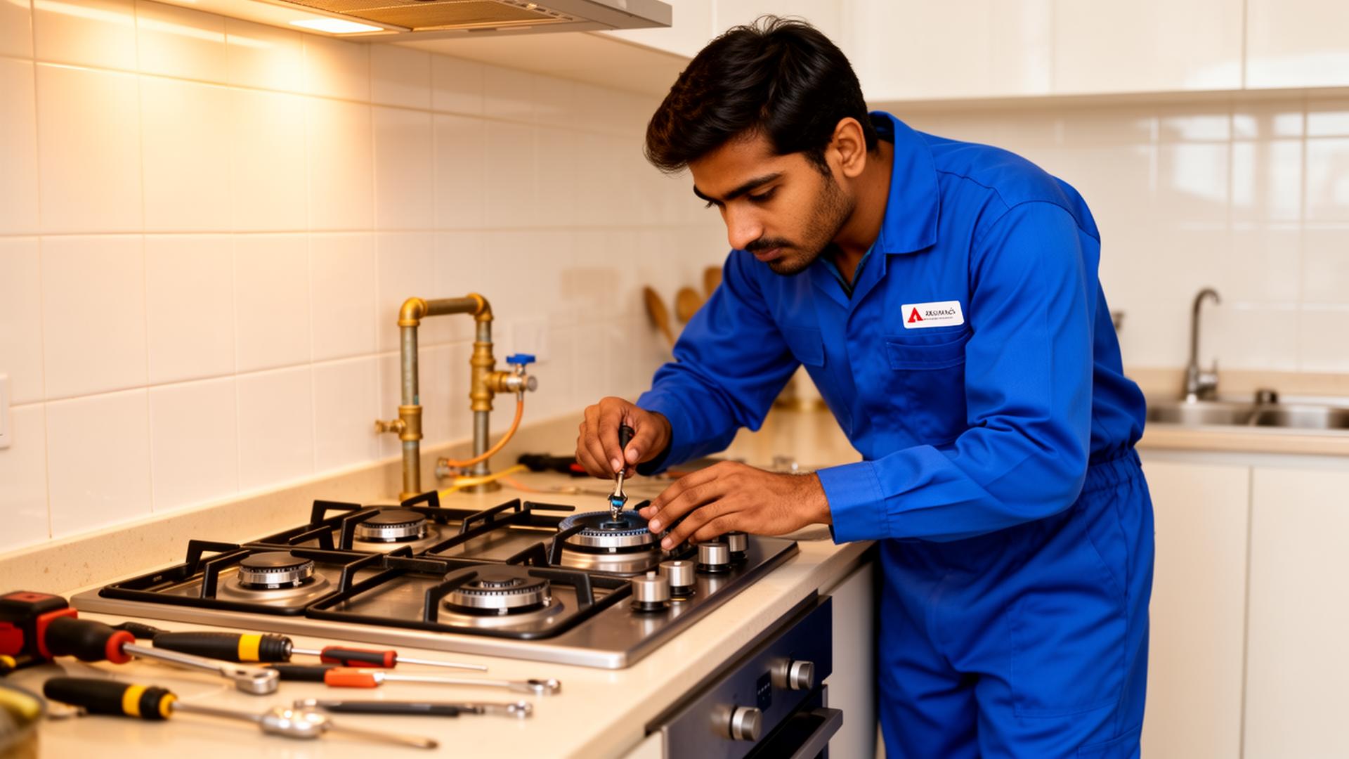 Professional technician repairing a gas stove